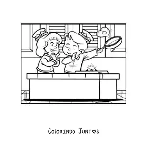 Desenho para colorir de um casal de criancas em um cafe da manha do Dia dos Namorados