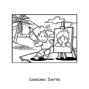 Desenho para colorir de um menino pintando um retrato do Dia dos Namorados