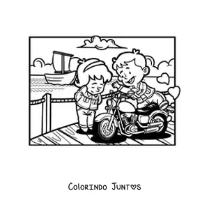 Desenho para colorir de um casal de criancas em um encontro romantico no pier