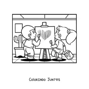 Desenho para colorir de um casal de criancas pintando no Dia dos Namorados