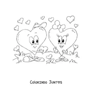 Desenho para colorir de dois coracoes animados no Dia dos Namorados