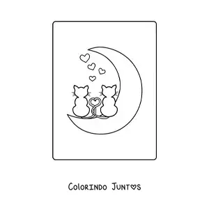 Desenho para colorir de dois gatos apaixonados sobre a Lua