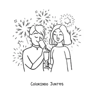 Desenho para colorir de um homem e uma mulher brindando no Ano Novo com fogos de artificio ao fundo