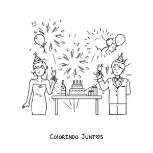 Desenho para colorir de um homem e uma mulher brindando no Ano Novo com um bolo