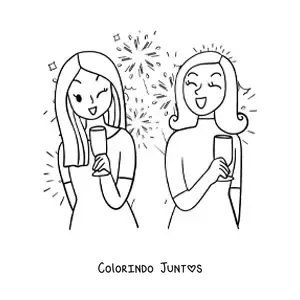 Desenho para colorir de duas meninas comemorando o Ano Novo