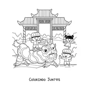 Desenho para colorir de tres criancas comemorando o Ano Novo Chines