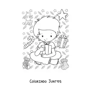 Desenho para colorir de um menino com um presente de Ano Novo
