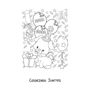 Desenho para colorir de um cachorro animado com baloes de Ano Novo