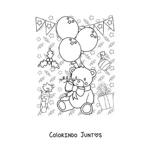 Desenho para colorir de um urso animado com baloes de Ano Novo