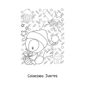 Desenho para colorir de um pinguim animado com presente de Ano Novo