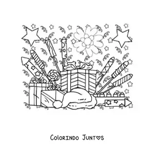 Desenho para colorir de varios presentes e fogos de artificio de Ano Novo