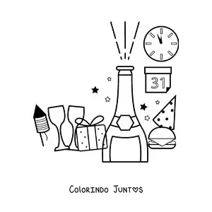 Desenho para colorir de um presente, uma garrafa e tacas de Ano Novo