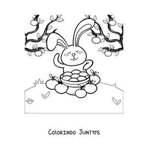 Desenho para colorir de um coelho com laranjas comemorando o Chuseok