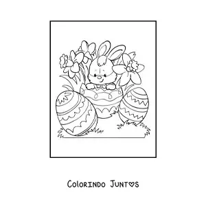 Desenho para colorir de um coelho kawaii com tres ovos de pascoa e flores