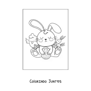Desenho para colorir de um coelho kawaii com ovos de pascoa e cenouras