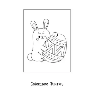 Desenho para colorir de um coelho kawaii com um ovo de pascoa gigante
