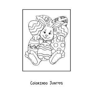 Desenho para colorir de um coelho animado com varios ovos de pascoa
