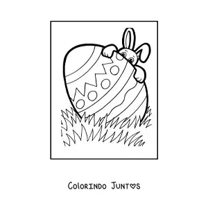 Desenho para colorir de um ovo de pascoa gigante e um coelho animado escondido