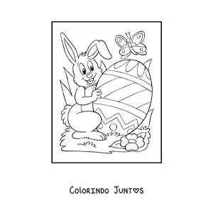 Desenho para colorir de um coelho animado com um ovo de pascoa e uma borboleta