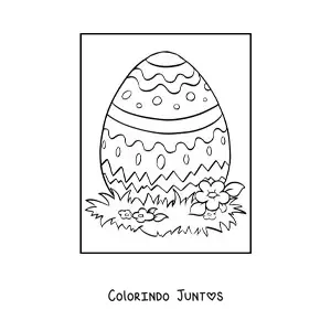 Desenho para colorir de um ovo de pascoa sobre a grama com flores