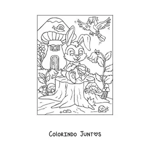 Desenho para colorir de um coelho animado pintando um ovo de pascoa