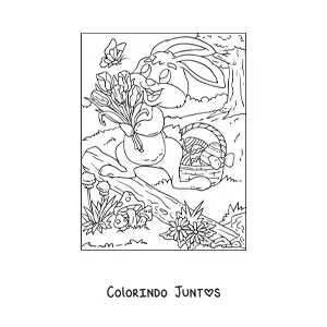 Desenho para colorir de um coelho da pascoa com um buque de flores