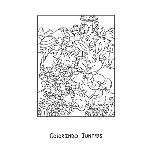 Desenho para colorir do coelho animado com um cesto de ovos de pascoa