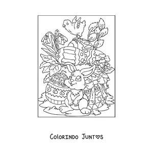 Desenho para colorir do coelho da pascoa com ovos e um pintinho