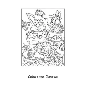 Desenho para colorir de um coelho com cesto de ovos de pascoa no jardim