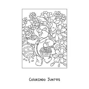 Desenho para colorir de um coelho distribuindo ovos de pascoa