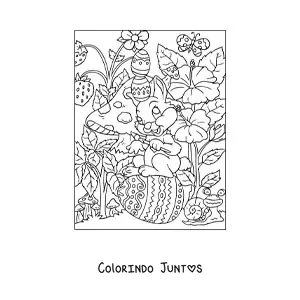 Desenho para colorir de um coelho com pincel e ovos de pascoa no jardim