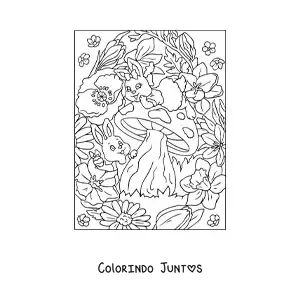 Desenho para colorir de dois coelhos animados com ovos de pascoa pequenos