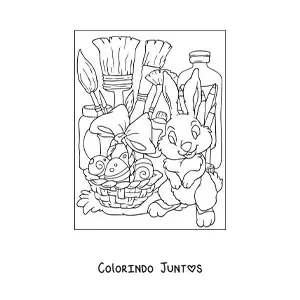 Desenho para colorir de um coelho da pascoa e materiais de arte