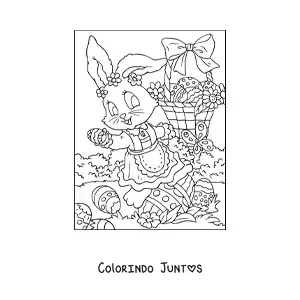 Desenho para colorir de uma coelha da pascoa distribuindo ovos