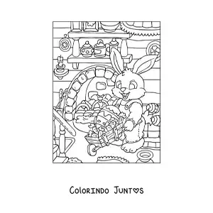 Desenho para colorir do coelho da pascoa com um carrinho de mao