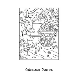 Desenho para colorir de um coelho com um carrinho de mao cheio de ovos de pascoa