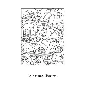 Desenho para colorir do coelho da pascoa com um chapeu pintando ovos
