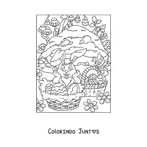Desenho para colorir de um coelho animado com varios cestos de ovos de pascoa