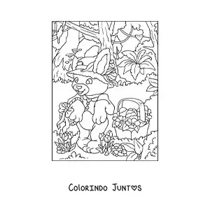 Desenho para colorir do coelho da pascoa com um chapeu e um cesto de ovos