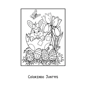 Desenho para colorir de uma coelha animada em um ovo de pascoa com flores