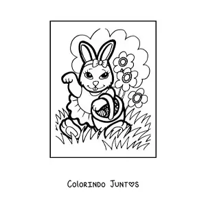 Desenho para colorir de uma coelha animada com ovos de pascoa e flores