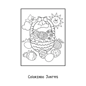 Desenho para colorir de uma cesta de ovos de pascoa com uma borboleta e um sol feliz