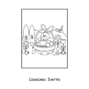 Desenho para colorir de um coelho animado dentro de um ovo de pascoa