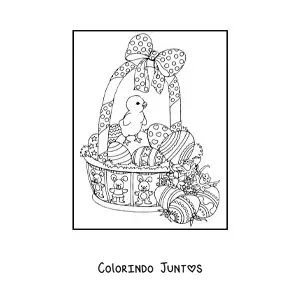 Desenho para colorir de uma cesta de ovos de pascoa com pintinho e flores