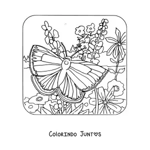 Desenho para colorir de uma borboleta pousando entre flores