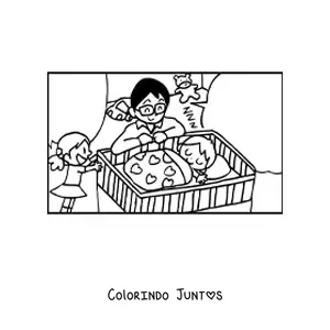 Desenho para colorir de um pai colocando o filho para dormir