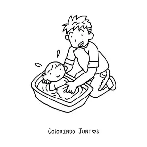 Desenho para colorir de um pai dando banho no filho