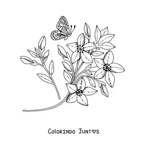 Desenho para colorir de uma borboleta voando em direcao a umas flores