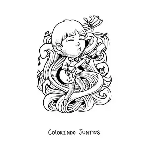 Desenho para colorir de um roqueiro animado tocando uma guitarra eletrica