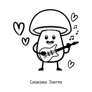 Desenho para colorir de um cogumelo animado kawaii tocando um violao